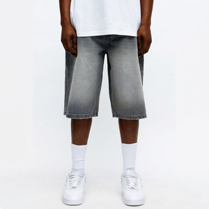 Shorts en jean pour hommes, coupe large, taille haute, délavés, effet vieilli, avec logo brodé personnalisé, style vintage, en denim épais, vente en gros pour l'été - Product Image 1