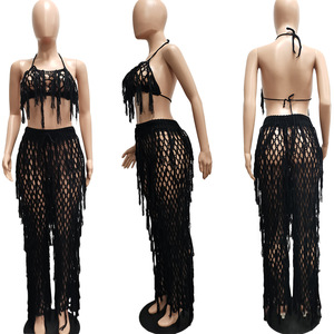 Set di frange in maglia tinta unita <span class=keywords><strong>abbigliamento</strong></span> da donna 2024 vacanze estive <span class=keywords><strong>abbigliamento</strong></span> da spiaggia da donna pantaloni Sexy in maglia con nappe 2 pezzi - Product Image 5