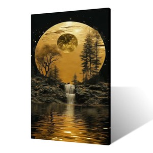 Impresión en lienzo de arte para decoración del hogar, iluminada por la luz de la luna, luna llena que brilla sobre una superficie rocosa con una pequeña cascada - Product Image 4