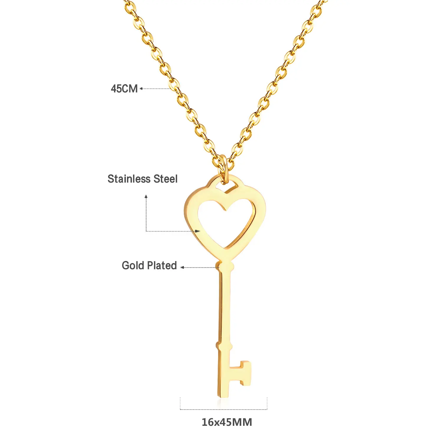 Ason Hot Sale 18K Gold Plated Custom Key Shape Pendant Necklace Stainless Steel Gift Jewelry for Young Lovers