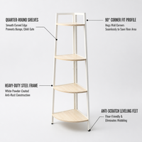 Étagère d'angle 4 niveaux peu encombrante, autoportante, en forme d'éventail, en MDF, avec structure métallique, pour salon