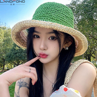 Topi Jerami Wanita Lipat Warna-warni Rajut Model Bucket untuk Liburan Musim Panas di Tepi Laut, Pelindung Sinar Matahari, Penahan Panas