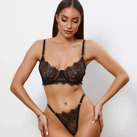 Conjunto de lencería sexy de encaje negro con aros y bragas para mujer, transparente, con ribete de pestañas, 2 piezas, OEM ODM, bordado 3D, venta al por mayor