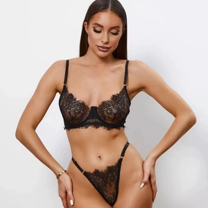 Wholesale Women's Black Lace Underwire Bra Panty <b>Set</b> <b>Sexy</b> Sheer Intimates Eyelash Trim Lingerie 2 Piece <b>Set</b> OEM ODM - Product Image 1