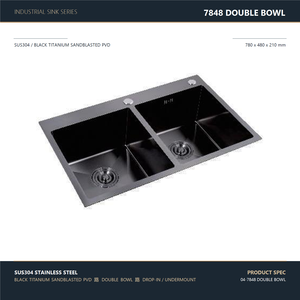 Évier de cuisine à double bac 780x480mm en acier inoxydable 304 noir canon de fusil PVD, avec robinet extractible - Product Image 1