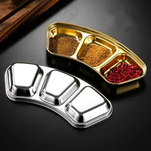 Fábrica de atacado de alta qualidade novo design ouro coreano borda rolada prato de tempero em aço inoxidável 304 para churrasco em forma de leque