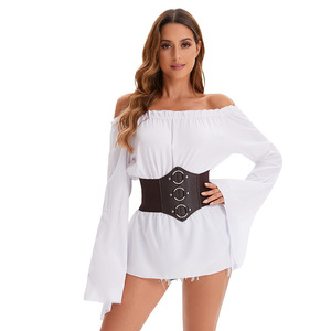 Top Negro de Manga Larga con Hombros Descubiertos y Cinturón para Mujer, Disfraz Renacentista, Camisa Pirata, Atuendo para Actuación en Escenario - Product Image 2