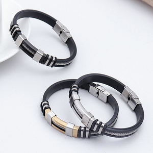 Moda Charm takı Punk siyah silikon manşet bilezikler Vintage paslanmaz çelik kauçuk bilezik erkekler için Pulsera Hombre - Product Image 4