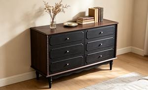 Vintage Black <b>6</b>-<b>Drawer</b> Dresser, Farmhouse Chest with Bobbin Details & White Knobs - Product Image 5