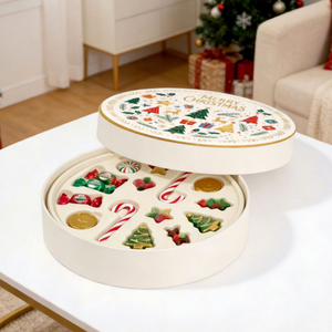 Boîte Cadeau Ronde de Noël pour Bonbons avec Design Festif et Construction Rigide en Carton Ivoire pour Cadeaux de Fêtes - Product Image 1