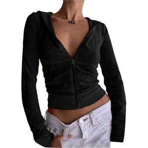 Sweat-shirt à capuche court en velours personnalisé pour femme, à manches longues, décontracté, avec poches, sans doublure, manches classiques - Product Image 3