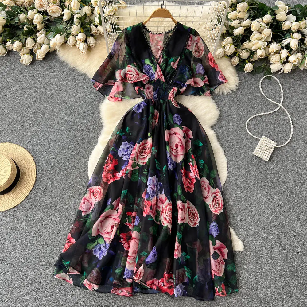 Customized chiffon dress women with thin ruffles and short sleeve waist skirt