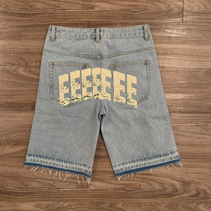 Produttore personalizzato di alta qualità Applique ricamo grezzo orlo Streetwear larghi in <span class=keywords><strong>Denim</strong></span> lavato in <span class=keywords><strong>Denim</strong></span> con strass pantaloncini di jeans da uomo - Product Image 4