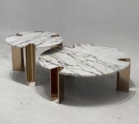 Table basse gigogne de luxe 2 pièces, plateau en marbre fritté personnalisé, pieds en acier inoxydable doré, mobilier de salon pour villa et hôtel