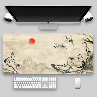 Alas Meja Gaming/Mouse Pad Kain Mikrofiber Karet Alam Ukuran Besar XXL dengan Lukisan Tinta Kustom Gunung dan Kuil Jepang