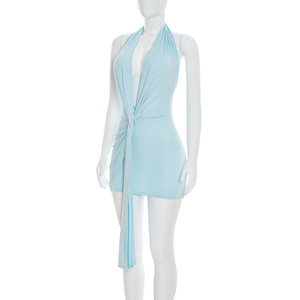 Robe moulante mini Viviblook D26DS146 pour femme, couleur unie, sexy, sans manches, dos nu, col halter, bretelles torsadées, pour l'été - Product Image 5
