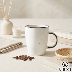 Mug à café en céramique moderne moucheté avec anse noire, capacité 350 ml, compatible lave-vaisselle et micro-ondes, pour la maison, le bureau et les cafés - Product Image 1