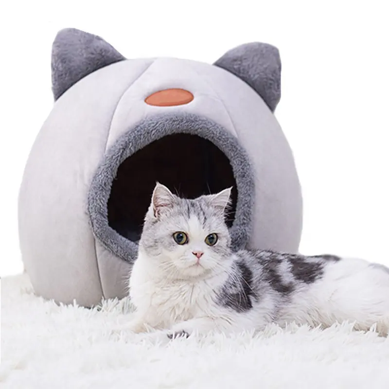 Desain tempat tidur hewan peliharaan kustom kain rumah kucing gua hewan peliharaan dengan alas tempat tidur hewan peliharaan mewah dalam ruangan