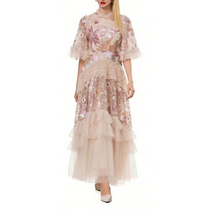 Robe longue de soirée féerique pour femme, ornée de sequins et de fleurs, avec volants en tulle superposés, tendance - Product Image 2