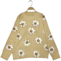 Pull en tricot doux et confortable pour femme, col rond, manches longues, imprimé marguerite beige, coupe ample et décontractée, pour toutes les saisons, tenue décontractée quotidienne