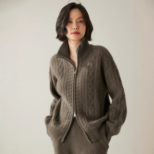 Suéter cárdigan de Cachemira de peso pesado con cuello de solapa de punto de cable con cremallera de doble cara para <span class=keywords><strong>mujer</strong></span> - Product Image 1
