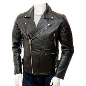 Chaqueta de Motociclista de Cuero Genuino para Hombre, Chaqueta de Moto Negra con Cierre Asimétrico y Hombros Acolchados - Product Image 1