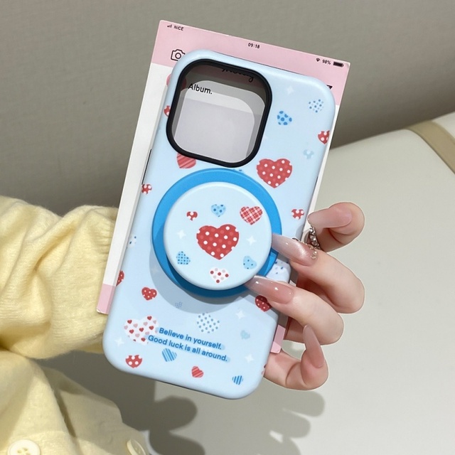 Cute Heart Bow Magnetic 2-in-1 Case Built-in Holder Stand Ins Fashion Protective Shell for iPhone 15 16 Pro 17