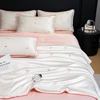 100% Polyester Gewaschene Eisseide Bettwäsche 4-teiliges Set Stickerei Zickzack-Stich Sommer-Bettdecke 1x Flaches Laken Bettwäsche-Set für Zuhause