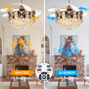 Y123卸売高級天井ファンライトゴールドクリスタルシャンデリア吊り下げ式ブレードリビングルーム用天井灯 - Product Image 4