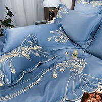 Ensemble de literie en soie lavée bleue de style européen, 4 pièces, pour la maison et l'hôtel, broderie, couvre-lit, housse de couette, fournisseur