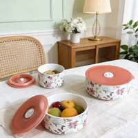 Vente en gros de bols de rangement pour aliments en céramique à motifs floraux, 3 tailles, ensemble de récipients en porcelaine pour conserver la fraîcheur avec couvercle, emballage en boîte cadeau
