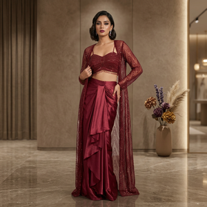 Factory Price OEM Premium Wine <b>Red</b> Indo Western Outfit Traditional Modern Fusion Ready to Wear Draped Skirt Shrug Wholesale Bulk - Product Image 1
