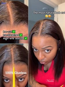 Perruque Yaki Straight Bob à cordon de serrage, <span class=keywords><strong>cheveux</strong></span> humains, sans colle, pré-coupée, 7x5 HD, Bye Bye Knots, perruque à dentelle frontale, pré-épilée, nœuds invisibles - Product Image 4