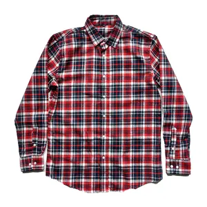 Stylish plus size red and black checker 100% cotton long sleeve flannel plaid check shirt for men