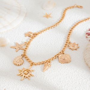 Collar de cadena de Metal de piedra de cristal multicapa para mujer estrella Luna sol estrella de mar Concha colgante gargantilla encanto joyería - Product Image 4