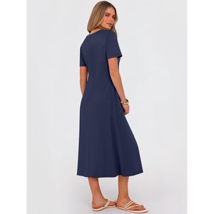 FOXA Robe mi-longue d'été pour femme, manches courtes, boutonnée, col rond, décontractée, pour vacances à la plage, ample, avec poches - Product Image 5