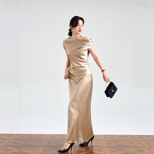 Conjunto de <span class=keywords><strong>Falda</strong></span> Larga y Camiseta de Manga Corta <span class=keywords><strong>con</strong></span> Lazo, Color Sólido, Satinado, Sexy, <span class=keywords><strong>con</strong></span> Hombros Descubiertos, de Acetato Importado de Alta Gama - Product Image 4