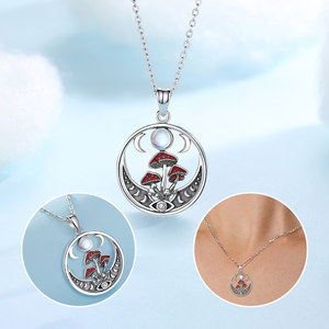 Collar Changda Vintage <span class=keywords><strong>de</strong></span> Plata <span class=keywords><strong>de</strong></span> Ley 925 con Cadena <span class=keywords><strong>de</strong></span> Eslabones y Colgante <span class=keywords><strong>de</strong></span> Hongo Mágico con Fases Lunares, Ideal para Compromiso, Boda o Fiesta - Product Image 4