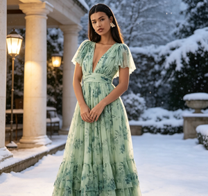 Abito da Sera per Donna con Stampa Floreale, Vestito Lungo in Tulle con Scollo a V Profondo, Maniche Corte a Sbuffo e Balze, Ideale per Ospiti di Matrimonio - Product Image 3