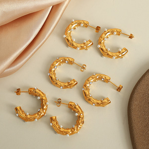 C-Shaped Hoop Earrings 18K Gold Plated <b>Titanium</b> Steel With Pearls And Diamonds Women's Everyday Wear - Product Image 1