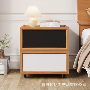 Mesita de noche moderna minimalista de madera, gabinete de almacenamiento de madera maciza de doble capa, estante giratorio para uso doméstico en dormitorios. - Product Image 2