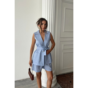 ชุดเสื้อกั๊กและกางเกงขาสั้นผ้าลินินสำหรับผู้หญิง สีฟ้า - Product Image 2