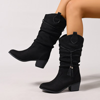 Bottes Western mi-mollet pour femme, en faux daim, à talon carré épais, style décontracté, avec décorations en franges tressées, à enfiler, style cowboy