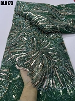 Tissu en dentelle de tulle africain vert citron doux en gros, avec perles et broderies de paillettes, 5 yards, pour robes et sacs