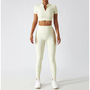 <span class=keywords><strong>2022</strong></span> nueva ropa de Fitness para mujer, conjunto de entrenamiento de gimnasio, Top corto con cremallera acanalada, camiseta y mallas con bolsillos laterales, conjuntos de ropa activa - Product Image 6