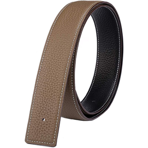 Ceinture formelle en cuir véritable, cuir de vache, noir uni avec surpiqûres blanches et intérieur marron - Product Image 2