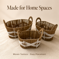Ensemble de 3 paniers de rangement tissés avec poignées et bandes décoratives blanches pour l'organisation de la maison