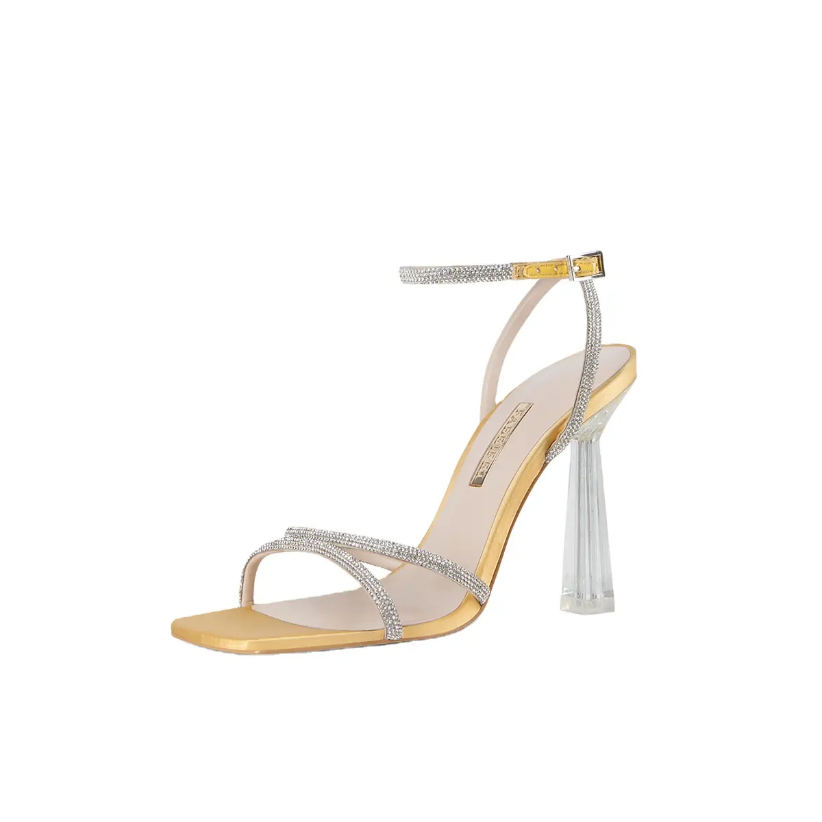 FABEIFEI 2023 logo custom Rhinestone one strap buckle head 9CM thick heels high heels  sexy open-toe summer lady sandals