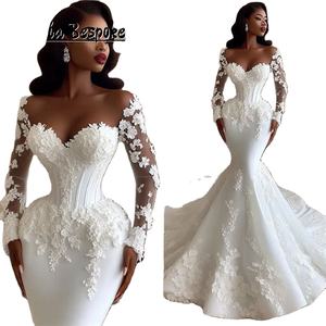 Maravillosos vestidos de <span class=keywords><strong>novia</strong></span> de sirena Aso Ebi para novias 2025 Apliques de encaje mangas largas vestidos de compromiso de <span class=keywords><strong>novia</strong></span> africanos personalizados - Product Image 1