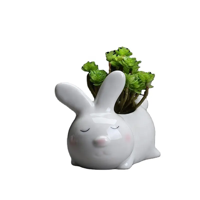 미니 귀여운 크리 에이 티브 세라믹 토끼 모양 즙이 많은 흰색 꽃 식물 냄비 동물